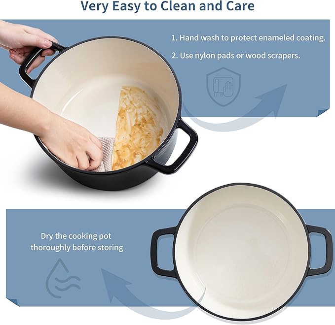 Velaze 6 QT Enameled Cast Iron Dutch Oven, Dual Handles Dutch Oven Pot with Lid,Heavy-Duty Non-stick Round Dutch Oven for Bread Baking, Stewing, Roasting, Good Sealing for All Heat Source (BLACK)