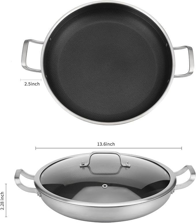 Tri-Ply Stainless Steel Paella Pan,13.5 Inch Nonstick Large Skillet,10 Servings 18/10 Paella Pan with Lid,Jumbo Cooker,Induction Pan,large stainless steel pan for Outdoors,Camping