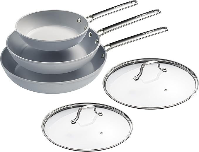 MsMk 5-Piece Ceramic Non Stick Pans Set 8, 10, 12 Inch Frying Pans, 10inch and 12 Inch with Tempered Glass Lids, Stay-Cool Handles, Oven Safe 700℉, Compatible with All Cooktops