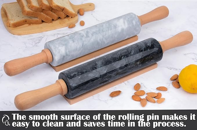Marble Rolling Pin Set with Silicone Pastry Mat,Pastry Brush,Cooking Tongs,Stainless Steel Scraper18.5 inch Polished Non-Stick Roller for Pizza Dough,Fondant,Pie Crust(Gray Black)