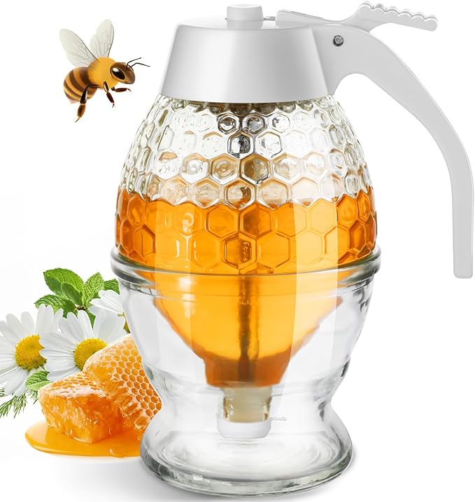 Honey Dispenser, 8oz Honey Dispenser No Drip Glass with Stand, Honey Container & Coffee Syrup Dispenser for Tea Time & Gifting, Elegant Honeycomb Honey Jar - Honey Pot Bottle for Maple Syrup Bee
