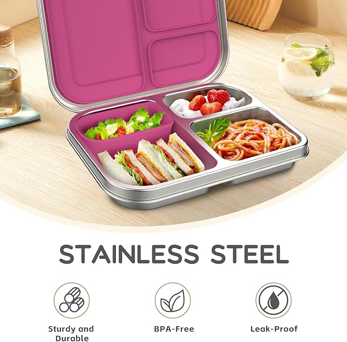 Stainless Steel Kids Leak-Resistant Bento Lunch Box, 3-Compartments with Silicone Container, Dishwasher-Safe, Child-Friendly Design for School, Picnics & Travel,BPA-Free(Pink)