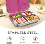 Stainless Steel Kids Leak-Resistant Bento Lunch Box, 3-Compartments with Silicone Container, Dishwasher-Safe, Child-Friendly Design for School, Picnics & Travel,BPA-Free(Pink)
