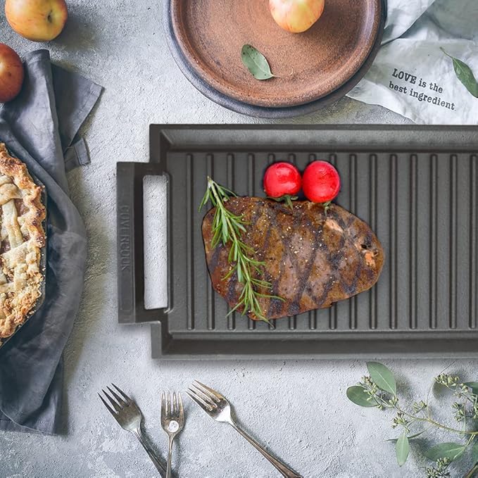 COVERCOOK Griddle Pan, Cast Iron Grill Hot Plate, Rectangular Grill, 2 handles with Ridged Surface for Induction Electric Cooktop，16 x 9inch