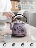 Toptier Teapot with Removable Infuser, Cast Iron Tea Kettle Stovetop Safe, Squirrel Design Tea Pot Coated with Enameled Interior for 32 Ounce (950 ml), Purple