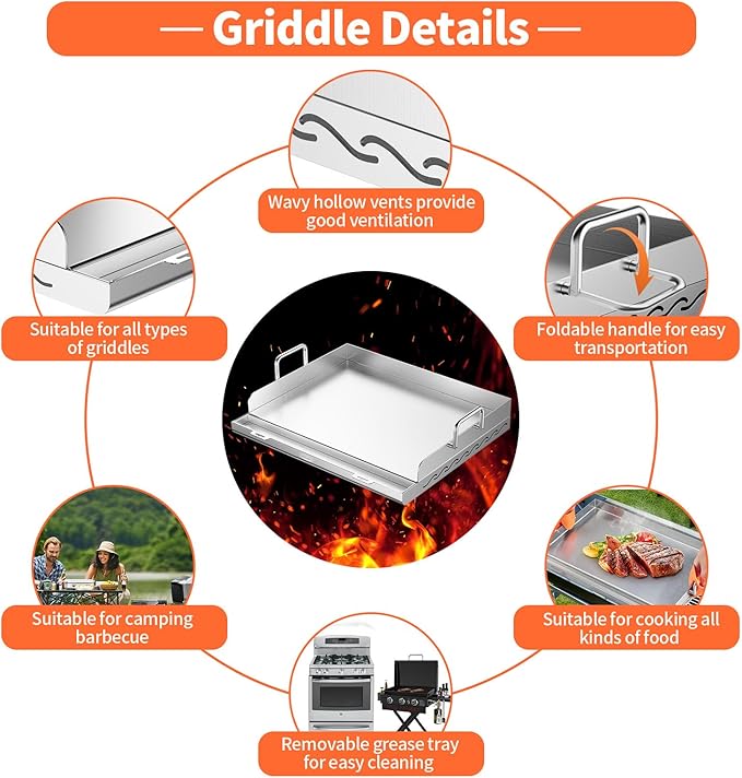 Stainless Steel Griddle for Gas Grill, 23" x 16" x 2.2", Flat Top Grill with Removable Grease Tray