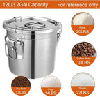 DYNAMI 304 Stainless Steel Airtight Canister for Kitchen, 3.2Gal/405oz Flour Container with Lid and Locking Clamp,10-21Lbs Metal Bucket Food Storage Container for Rice, Flour, Grain, Coffee Bean(12L)