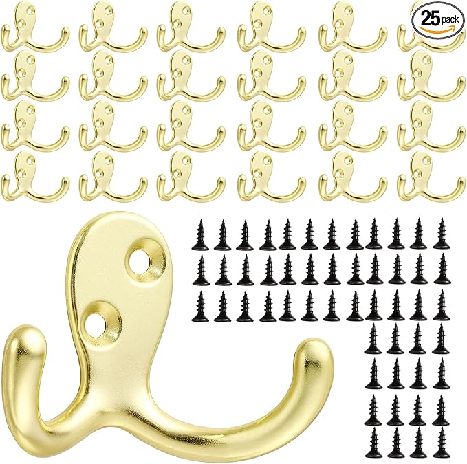 Coat Hooks Wall Hooks for Hanging - 25 Pack Gold Double Prong Hook Wall Mounted - Great for Living Room, Bedroom, Entryway, Closet for Coat, Bag, Towel, Hat, Key, Cup, Heavy-Duty, Easy to Install