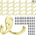 Coat Hooks Wall Hooks for Hanging - 25 Pack Gold Double Prong Hook Wall Mounted - Great for Living Room, Bedroom, Entryway, Closet for Coat, Bag, Towel, Hat, Key, Cup, Heavy-Duty, Easy to Install