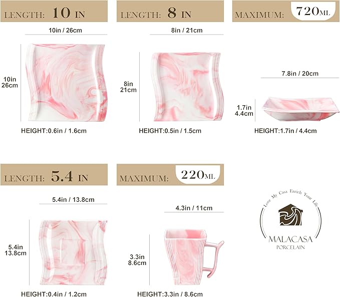 MALACASA Dinnerware Sets, 30-Piece Pink Plates and Bowls Sets for 6, Porcelain Dinnerware Set with Plates and Bowls, Cups and Sacuers, Square Dish Set, Modern Dining Ware Set, Series Flora