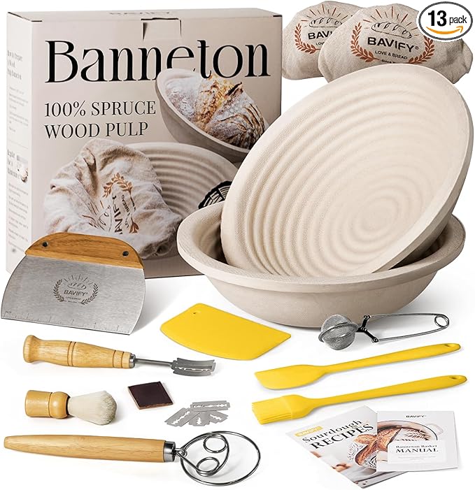 Wood Pulp Banneton Bread Proofing Basket Set, 9" 2.2LB Round Sourdough Banneton Basket Kit, Sourdough Bread Making Tool Baking Supplies with Proofing Bowl, Cover, Dough Whisk, Lame, Scraper