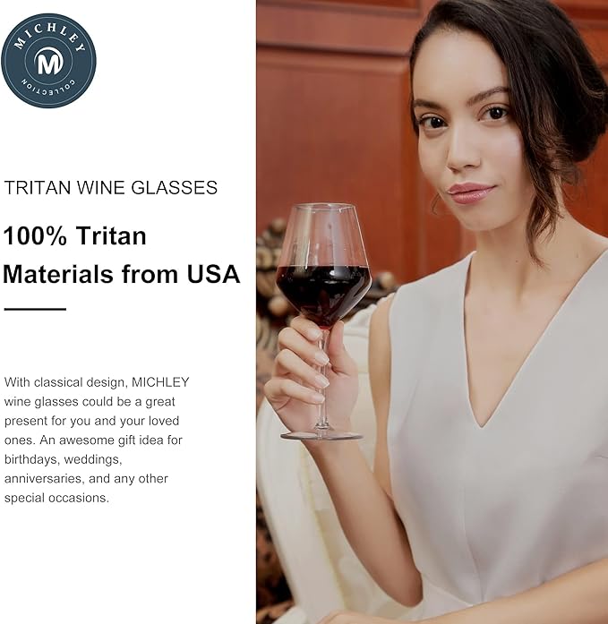 MICHLEY Unbreakable Stemmed Wine Glass 100% Tritan Plastic Dishwasher available Glassware 15 oz, Set of 4