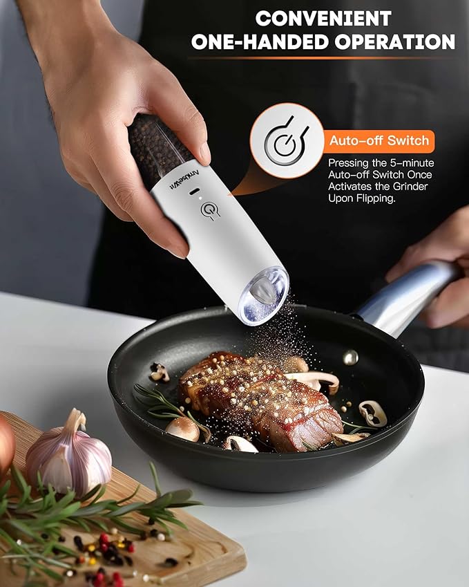AmuseWit Gravity Electric Salt and Pepper Grinder Set [White Light] USB Rechargeable Automatic Pepper and Salt Mills,Adjustable Coarseness,One-Handed Operation, Snow White