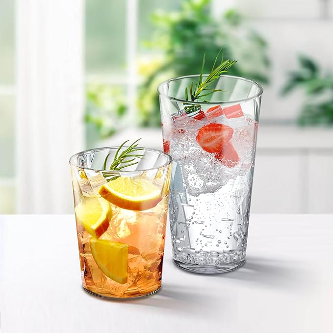 Amazing Abby Glacier Plastic Tumblers (Set of 12), 14-Ounce and 18-Ounce, All-Clear, Stackable, BPA-Free, Shatter-Proof, Dishwasher-Safe