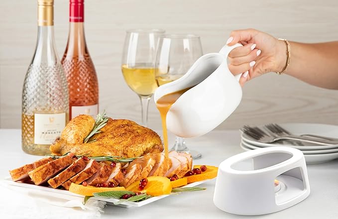 Kook Gravy Boat & Warmer, Ceramic Serving Dish, Dispenser with Warmer for Sauces, Dressings and Creamer, Large Handle, Microwave and Dishwasher Safe, 17oz, White
