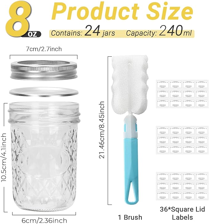 8 oz Glass Mason Jars, 24 Pack Regular Mouth Glass Canning Jars with Silver and Gold Aluminum Lids and Bands, Airtight Jam Jars for Food Storage, Pickling, Fermenting, Honey, DIY Candles Decor