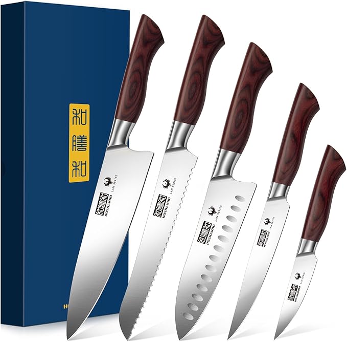 5-Piece Japanese Style Kitchen Knife Set,Professional Ultra Sharp High-Carbon Stainless Steel Chefs Knives with Ergonomic Wood Handle,Elegant Box Packaging