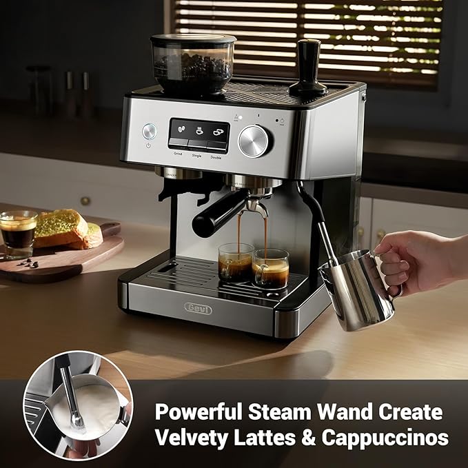 Gevi 20 Bar Espresso Machine with Grinder & Milk Frother, Professional Coffee Maker for Home, Cappuccino & Latte, Removable Water Tank, Steam Wand