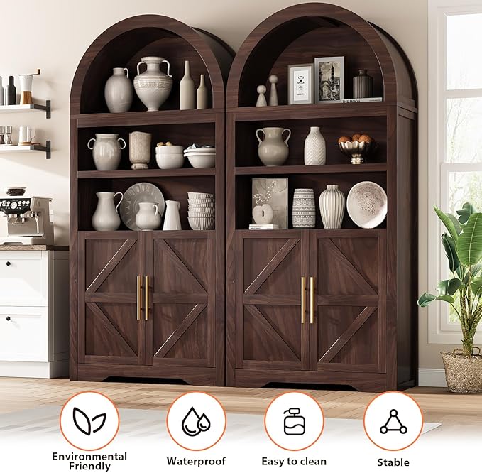 Kitchen Pantry Cabinet, Arched Bookshelf Bookcase China Pantry Storage Cabinet with Doors and Shelves,71“ Tall Food Pantry Funiture for Living Room,Dining Room (Walnut)