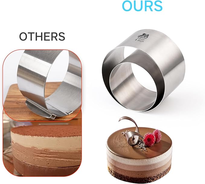 6 Pack Round Cake Ring Molds, Seamless Stainless Steel Cake Cutter with Pusher & Lifter, 3-Inch Dessert Mousse Rings for Baking (Includes 1 Pusher, 1 Lifter and 6 Rings)