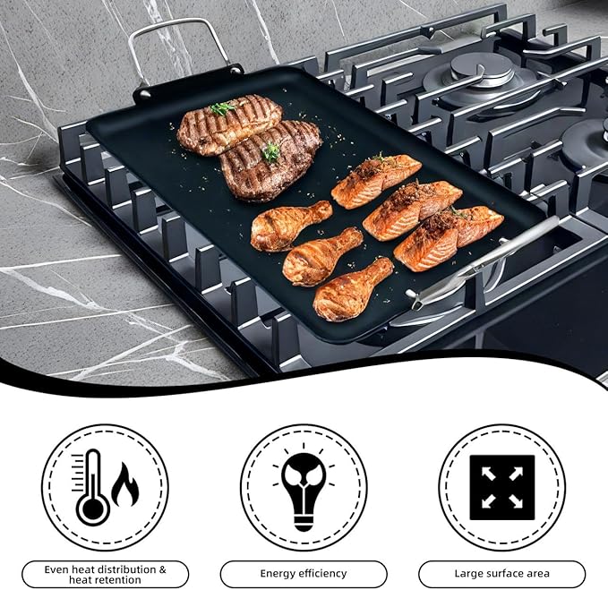 11pcs 19Inch Nonstick Taco Griddle Pan, Rectangular Cast Iron Griddle, Comales para Tortillas Cooking Pan for Stove Tops | 2 - Burner, Detachable Handles | Stove/Outdoor/Camping