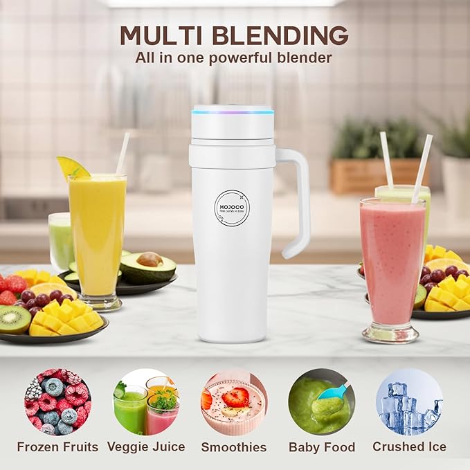 MOJOCO Portable Smoothie Blender – 30oz Personal Blender with Insulated Cup for Smoothies & Shakes – Rechargeable/Cordless, Leakproof, Food-Grade Small Juice Maker for Home, Office, Gym, Travel, RV
