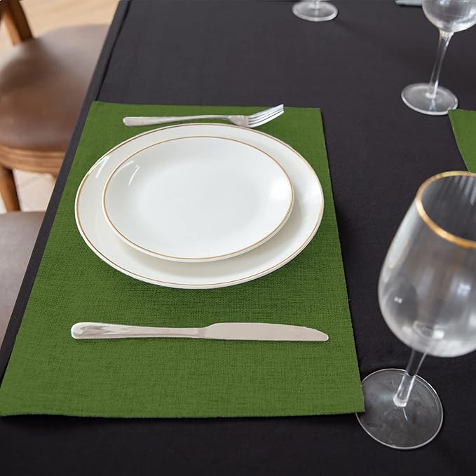 Linen Placemats Set of 8, Machine Washable, Heat Resistant, Wrinkle Free, Thick Polyester Kitchen Place Mats for Dining Table (Green)