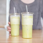 All Glass Iced Coffee Cup with Lid and Straw, Ribbed Glass Tumbler Set of 2 (18 oz)