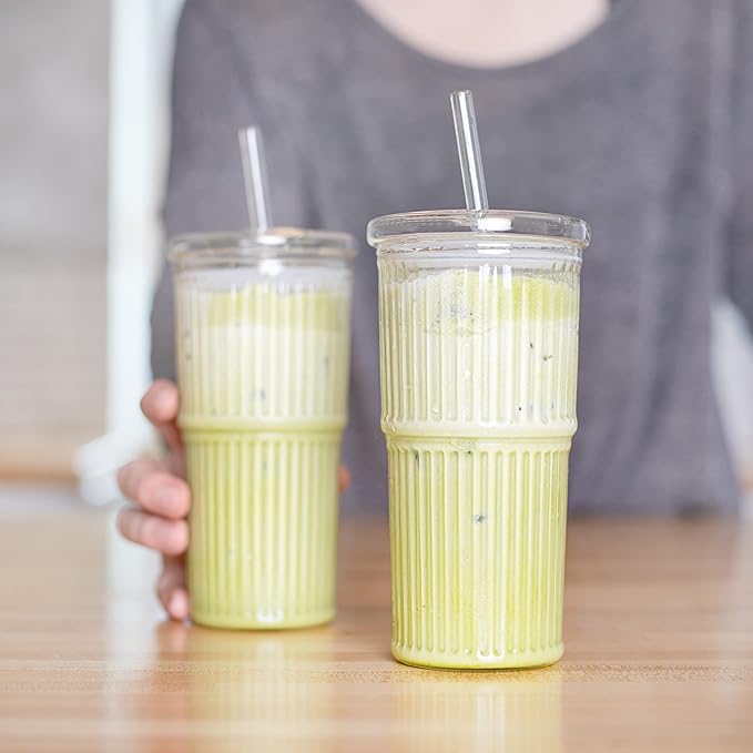 All Glass Iced Coffee Cup with Lid and Straw, Ribbed Glass Tumbler Set of 2 (18 oz)
