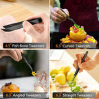 JETKONG 6 Pcs Cooking Tweezer Tongs, 12'' and 6.3" Stainless Steel Kitchen Tweezer Set, Professional Chef Tweezers for Cooking, Repairing, Sea Food, BBQ, Multi-use (Black)