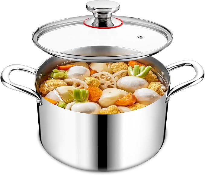 Cooking Stock Pot with Lid, 4.5 Quart Heavy Duty Tri-ply 18/10 Stainless Steel Soup Pot for Pasta Vegetable Steaming and Stewing, Induction Compatible & Dishwasher Safe
