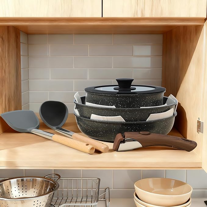 15PCS Ceramic Cookware Sets Detachable Handle Pots and Pans Set Non Stick (Black)