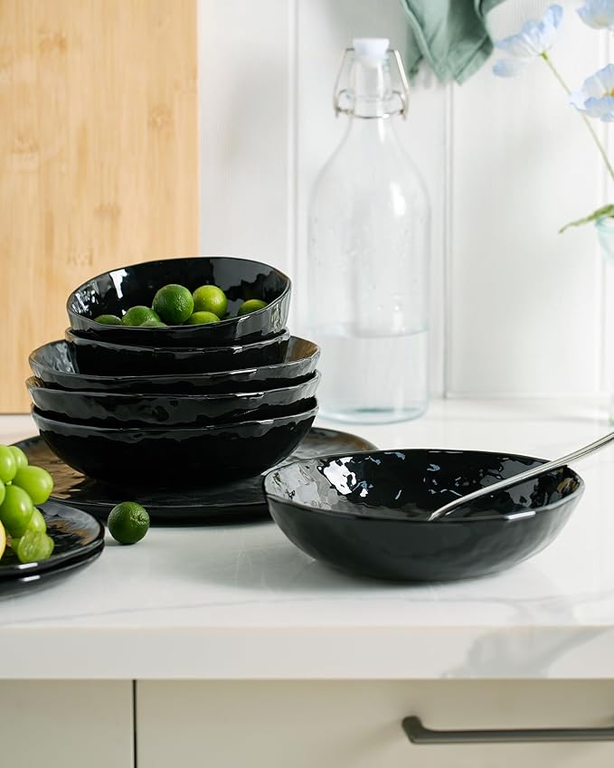 Famiware Porcelain kitchen plates and bowls set, Modern dishes set for 6, Handmade Wave Edge Dinnerware Sets, Microwave and Dishwasher Safe Tableware, Glossy-black (24pc)