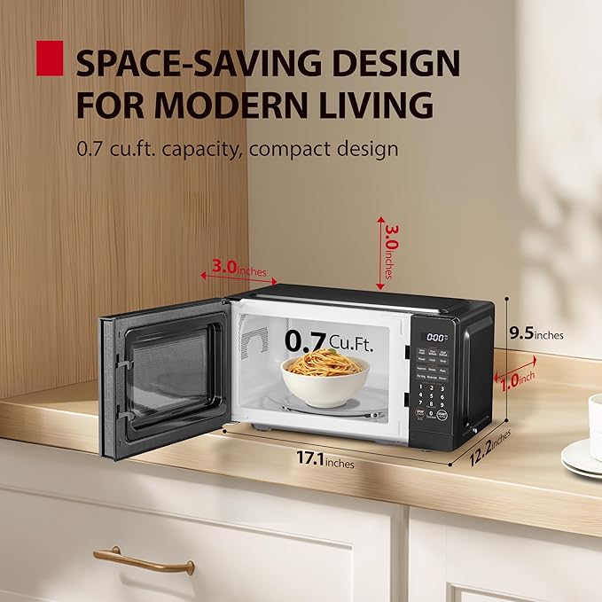 TOSHIBA Small Microwave Oven with 11 Power Levels, Sound On/Off & Eco Mode, Cu Ft, 700W, Black, MM-EM07PA(BK), ChefDefrost-0.7 Cu.Ft