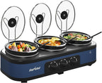 Triple Slow Cooker, Buffet Food Warmer with 3 x 1.5 QT Removable Ceramic Pots, Buffet Servers and Warmers with Glass Lids and 3 Spoons, Stainless Steel, Blue