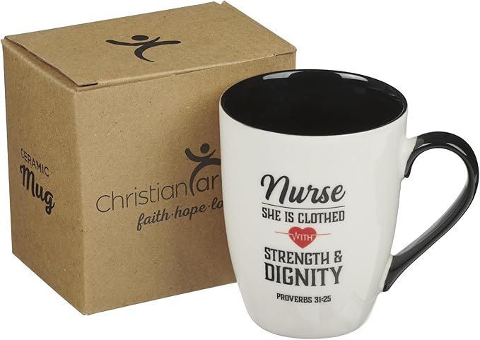 Christian Art Gifts Inspirational Ceramic Coffee & Tea Scripture Mug for Women Nurses: Strength & Dignity Encouraging Proverb, Microwave/Dishwasher Safe Novelty Cup, Cute Heart, White & Black, 12 oz.