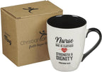 Christian Art Gifts Inspirational Ceramic Coffee & Tea Scripture Mug for Women Nurses: Strength & Dignity Encouraging Proverb, Microwave/Dishwasher Safe Novelty Cup, Cute Heart, White & Black, 12 oz.