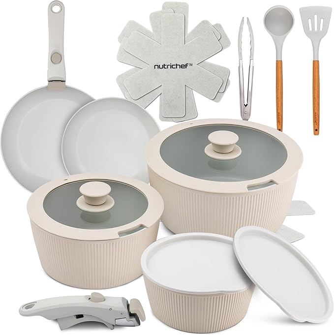 NutriChef 18-Piece Ceramic Cookware Set with Detachable Handles, Non Stick Pots and Pans, PTFE-Free Natural Ceramic Coating, Space-Saving Design, Oven & Stove Safe, Includes Utensils, Cream