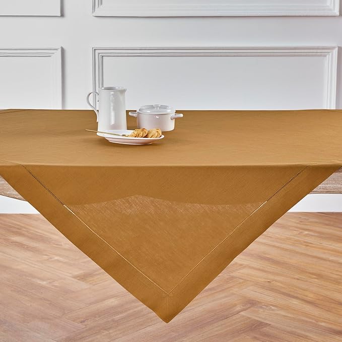 Solino Home Square Linen Tablecloth 52 x 52 Inch - 100% Pure Linen Brown Sugar Table Throw - Classic Hemstitch, Machine Washable Table Cloth for Summer, Fall, Autumn