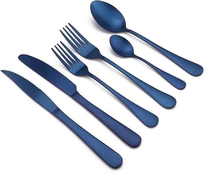 24-Piece Stainless Steel Flatware Set, Matte Colorful Blue Finish, Service for 4