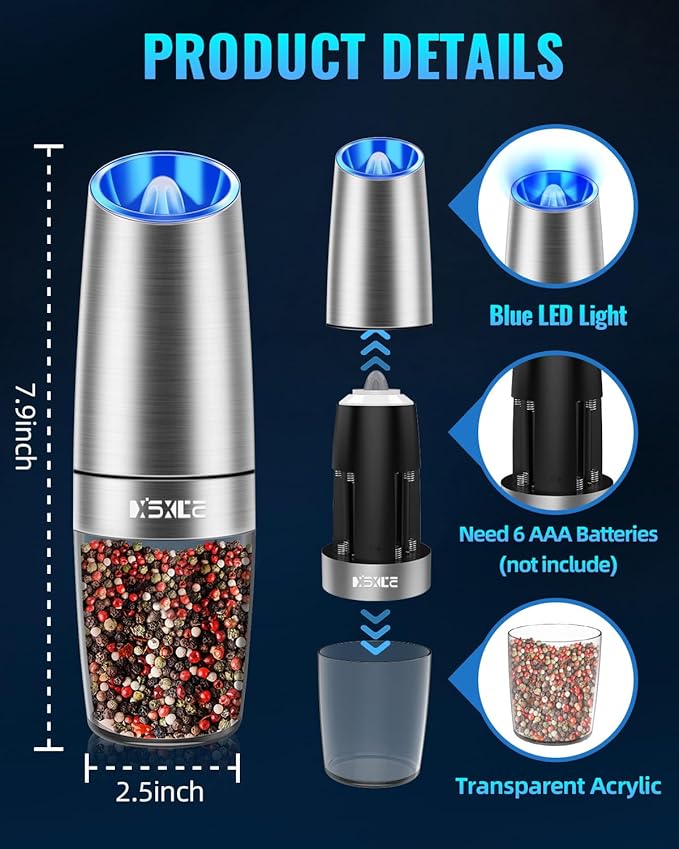 Gravity Electric Pepper and Salt Grinder Set, Salt and Pepper Mill & Adjustable Coarseness, Battery Powered with LED Light, One Hand Automatic Operation, (Set/Silver)