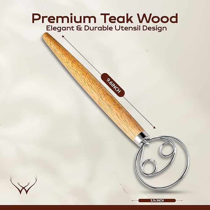 13 Inch Danish Dough Whisk Stainless Steel Hook with Long Wooden Handle – Essential Dough Whisk & Sourdough Bread Baking Supplies for Mixing, Whisking & Baking Pizza Dough - Sourdough Tools