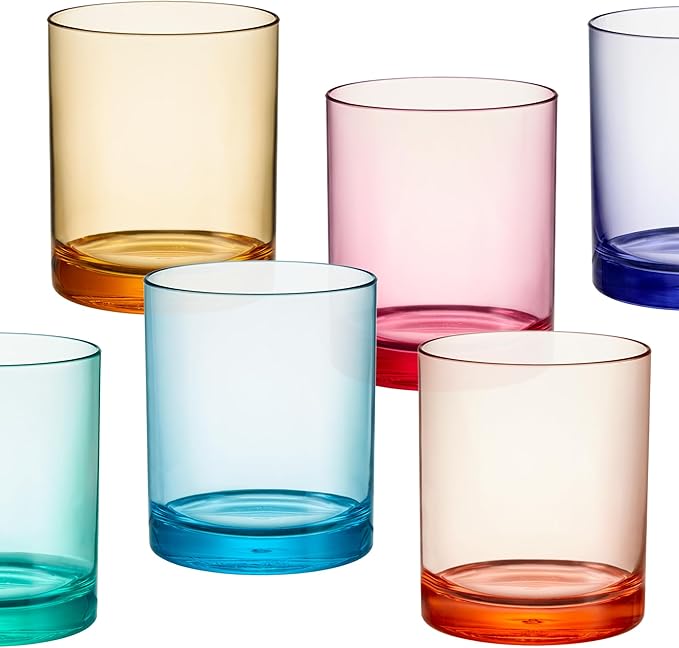 US Acrylic Classic Plastic Reusable Drinking Glasses (Set of 6) 12oz Rocks Cups Assorted Colors | BPA-Free Tumblers, Made in USA | Top-Rack Dishwasher Safe