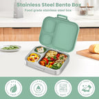 Stainless Steel Bento Lunch Box for Kids | 3-Compartment Lunch Box Container Kids | 100% Leakproof, Dishwasher-Safe, Eco-Friendly, Perfect Portion Control for Kids&Adult Healthy Meals (Green)
