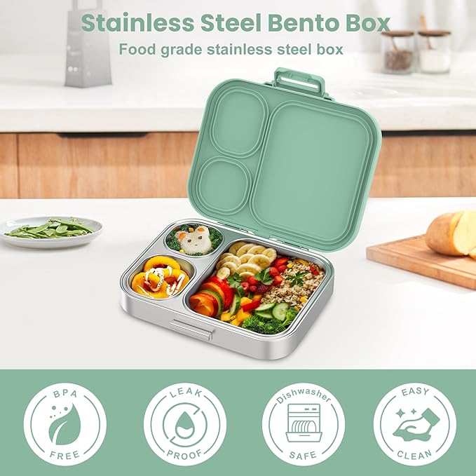 Stainless Steel Bento Lunch Box for Kids | 3-Compartment Lunch Box Container Kids | 100% Leakproof, Dishwasher-Safe, Eco-Friendly, Perfect Portion Control for Kids&Adult Healthy Meals (Green)