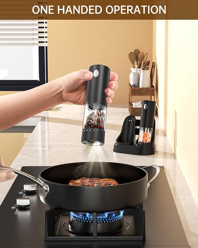 CIRCLE JOY Electric Salt and Pepper Grinder Set Automatic Salt and Pepper Grinder Set with Easy-to-Carry Charging Base and LED Light, Adjustable Coarseness, USB Rechargeable, Washable Container, Black