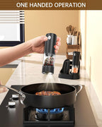 CIRCLE JOY Electric Salt and Pepper Grinder Set Automatic Salt and Pepper Grinder Set with Easy-to-Carry Charging Base and LED Light, Adjustable Coarseness, USB Rechargeable, Washable Container, Black
