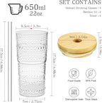 4 Pack 20oz Hobnail Drinking Glasses with Bamboo Lids and Glass Straw,High Borosilicate Glass Tumbler Cup Reusable Wide Mouth Smoothie Cups,Beer, Iced Coffee Glasses, Soda