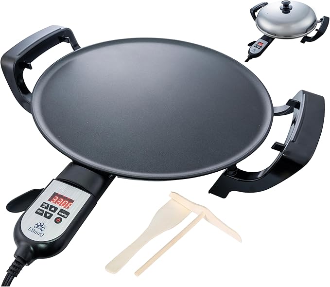 Ethniq 16" Electric Griddle for Ethiopian Injera, Somalian Anjero, Crepe, Lefse, Mogogo, Mitad, Pancake Teff Maker - Adjustable Digital Heat Control - Non-Stick Surface - Even Heat Distribution