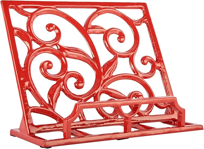 JOGREFUL Cookbook Stand, Cast Iron Heavy-Duty Recipe Book Holder, Kitchen Vintage Recipe Book Holder, Reading Rest Holder for Easel/Counter/Books/Magazine/iPad/Bible, Vine Pattern, Red